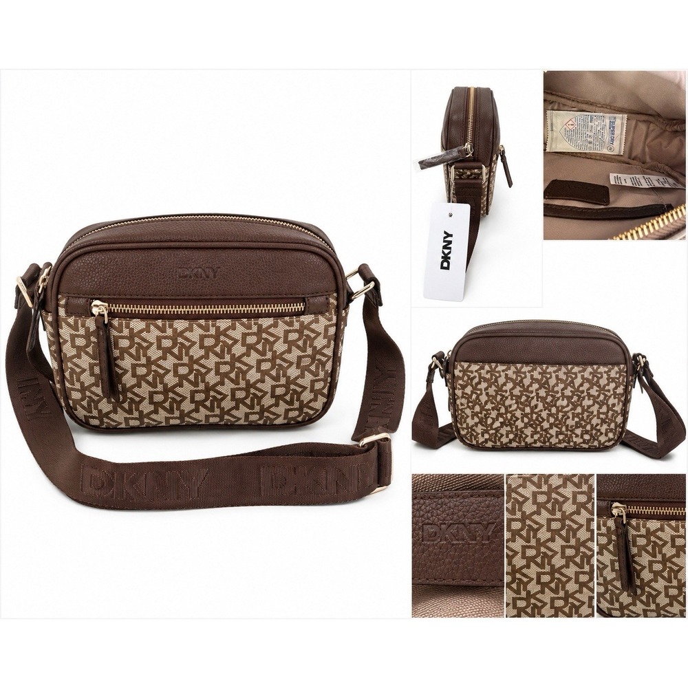 NEW DKNY Brown Signature Coated Canvas Camera Shoulder Crossbody Bag Purse Brown
